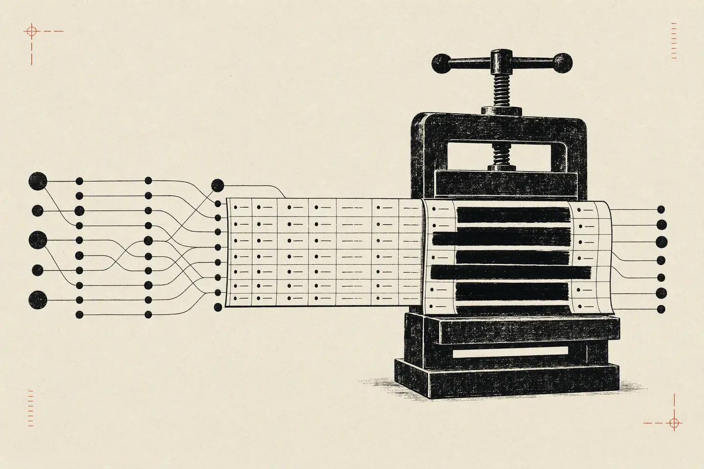 Linocut-style database rows passing through a redaction press while connector lines remain intact